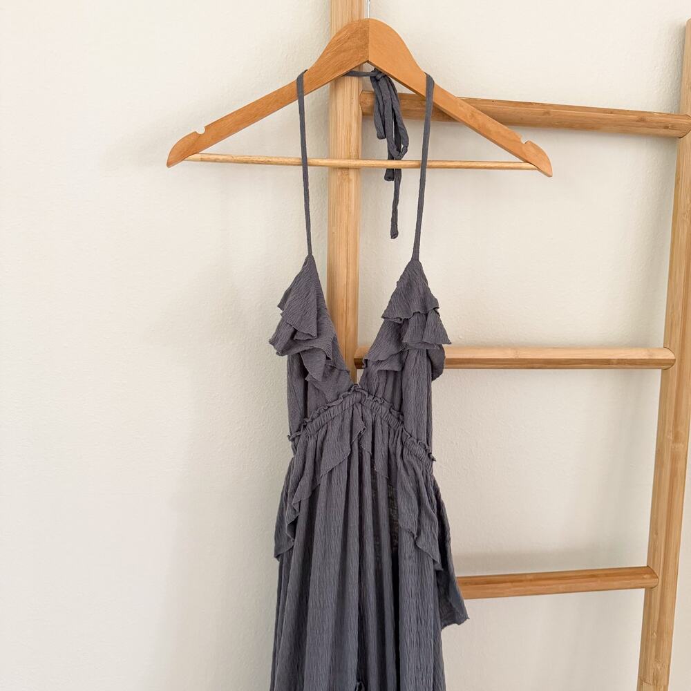 Free People Beach Santa Luz Ruffle Maxi Dress Gray Boho Open Back XS - Picture 4 of 11